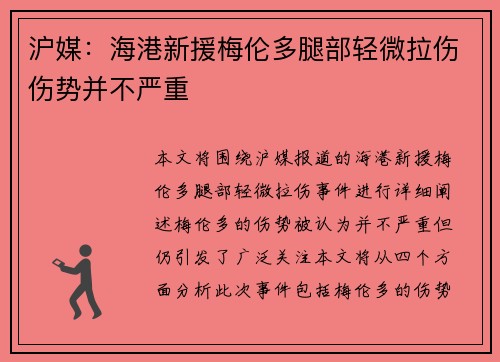 沪媒：海港新援梅伦多腿部轻微拉伤伤势并不严重
