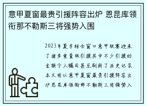 意甲夏窗最贵引援阵容出炉 恩昆库领衔那不勒斯三将强势入围